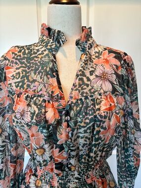 NWT Floral Green and Coral Midi Dress - Lightweight Ruffled Neck